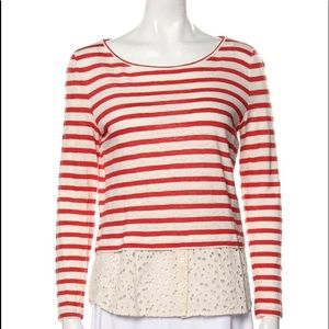 Tory Burch stripe red and cream top,Cream col eyelet hem. Size Large